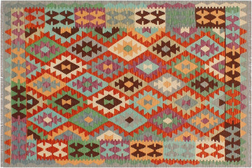 Flat Weave Kilim, Antique, Navaho, Vintage, Handmade, Geometric Kilim Rust Gray Hand-Woven Rectangle 100% Wool Area Rug 4 x 6